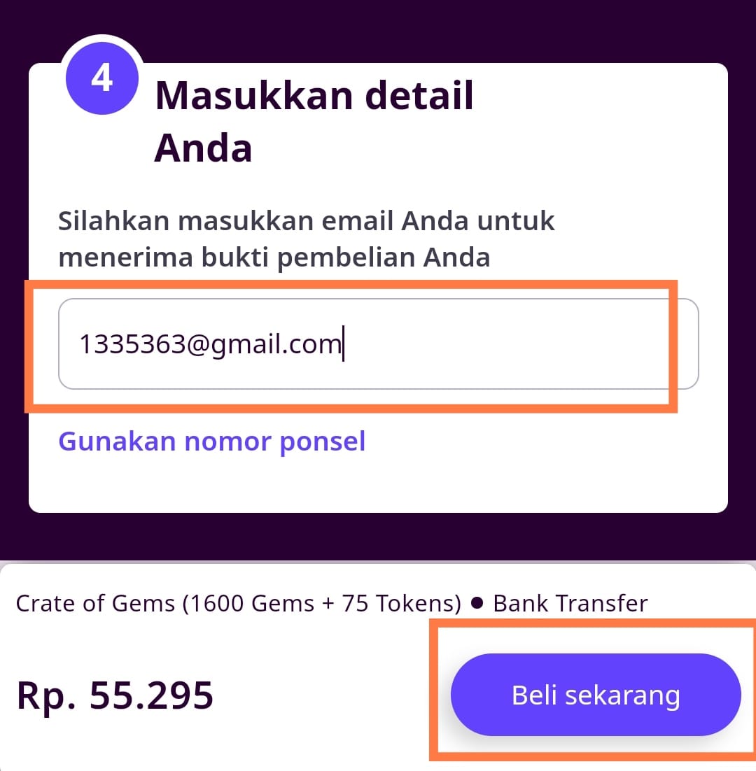 memasukkan alamat email dan nomor HP di Codashop Stumble guys