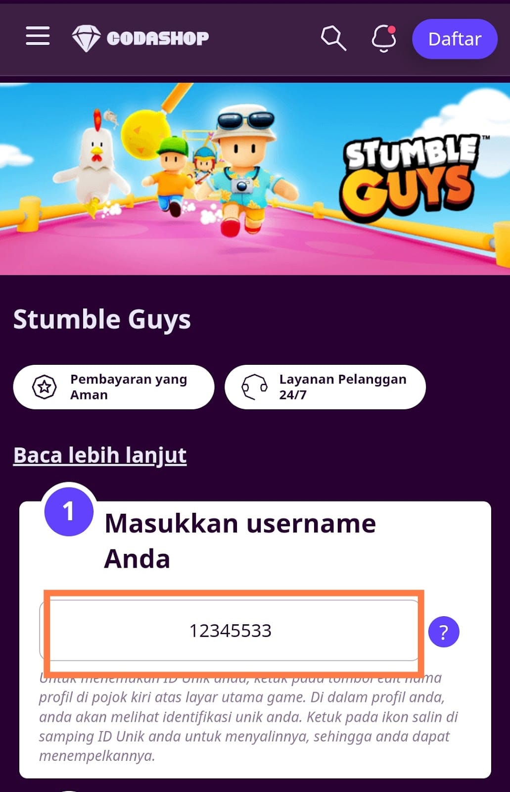 memasukkan username Codashop Stumble guys