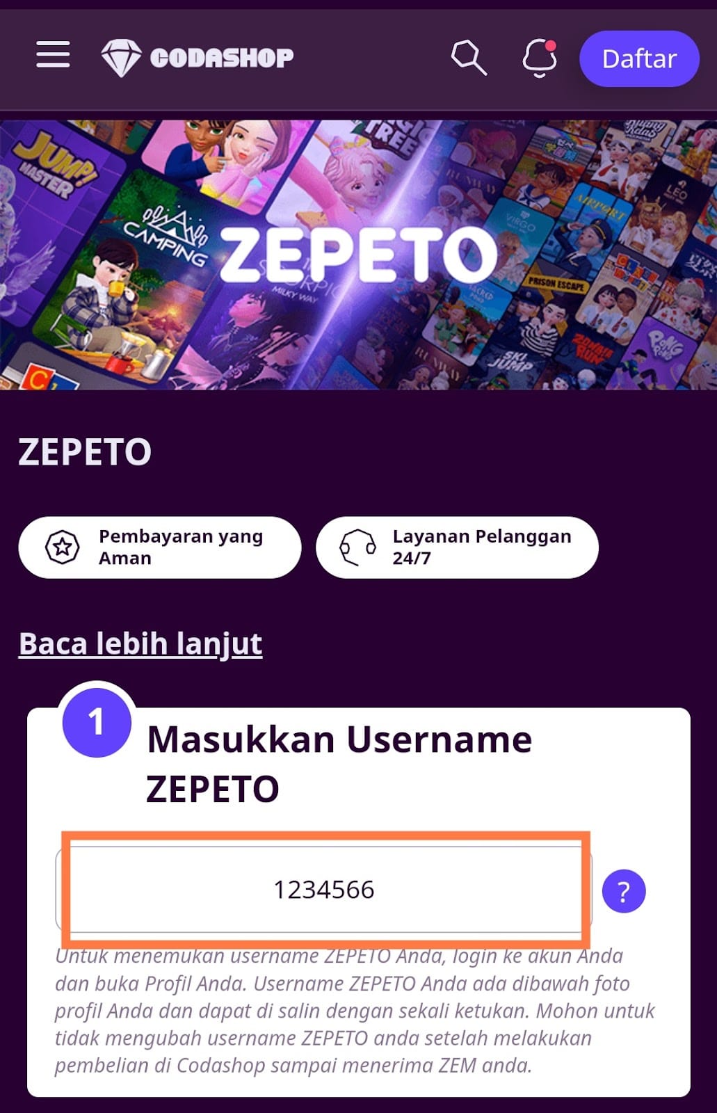 memasukkan username Codashop ZEPETO