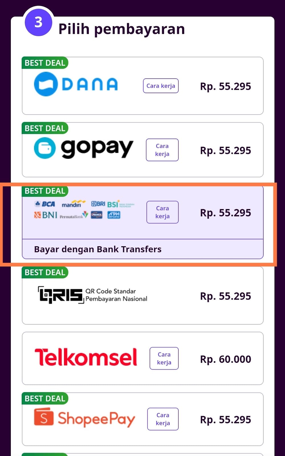 memilih metode pembayaran pada Codashop Stumble guys