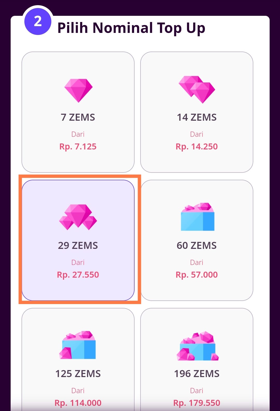 memilih nominal top up Codashop Zepeto