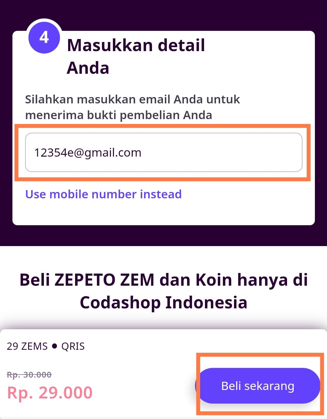 mengisi email pada Codashop Zepeto